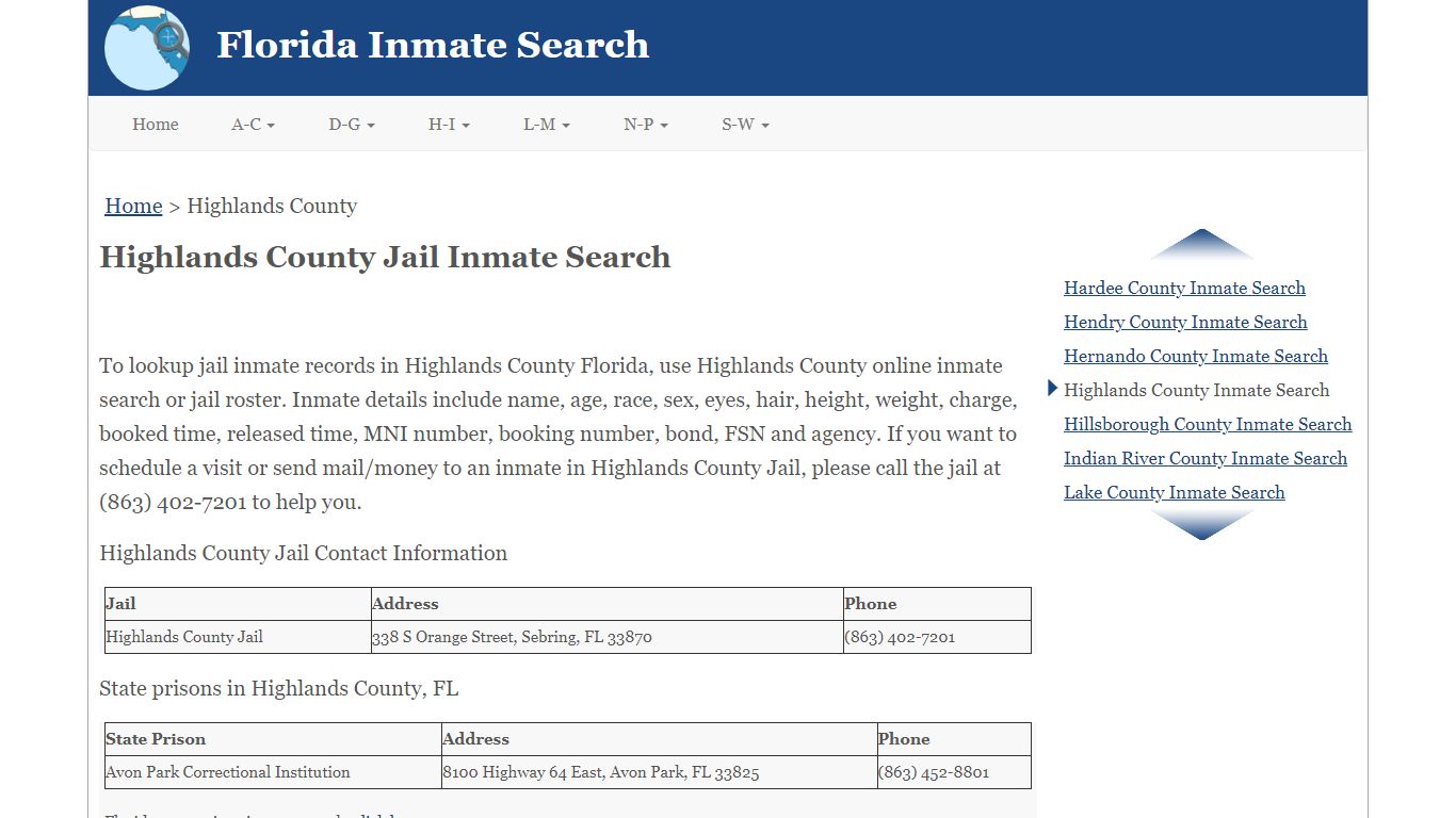 Highlands County Jail Inmate Search